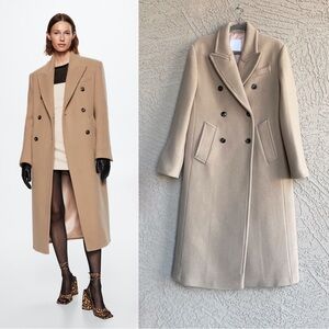 MANGO NWOT Neutral Camel Beige Long Double Breasted Virgin Italian Wool Coat S